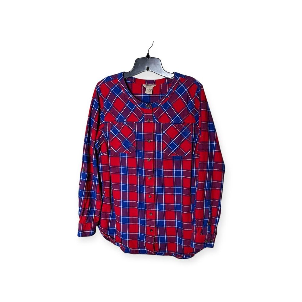Duluth Trading Co. Cotton Red/Blue Plaid Collarless Flannel Shirt Top Size Large